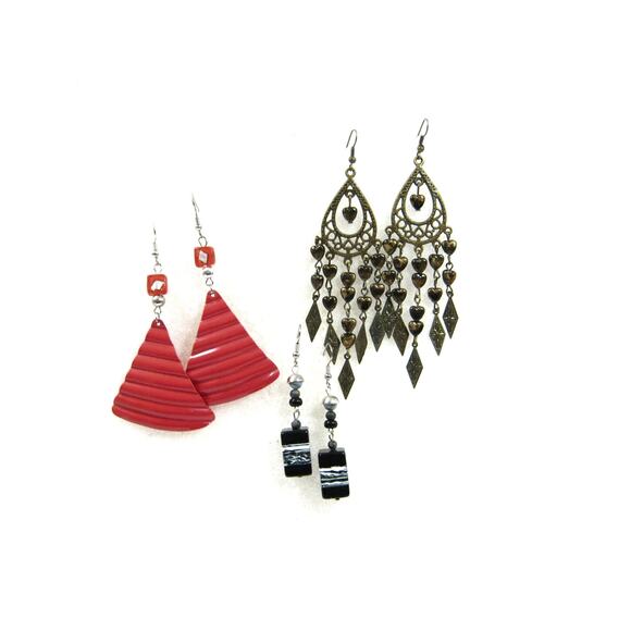 Set of Handcrafted Dangle Art Glass Red Waffle Drops  Long Chandelier Earrings - Picture 11 of 11